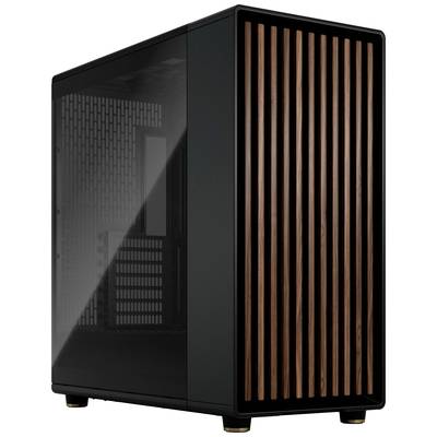 Schwarzes Computergehäuse mit Holzlatten an der Front und transparentem Seitenfenster, zeigt modernes und elegantes Design.