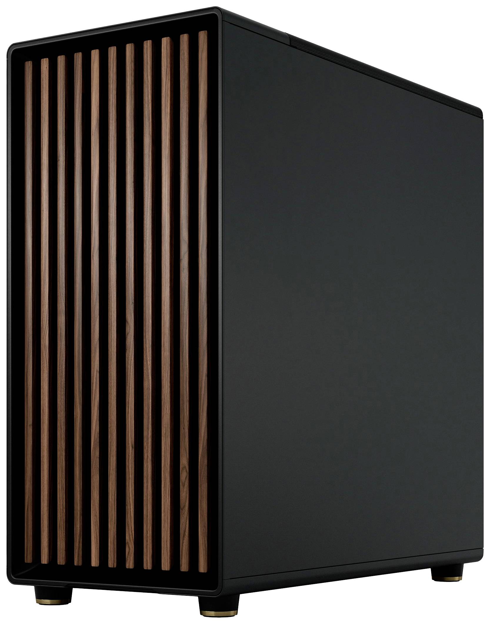 'Simpler schwarzer Computergehäuse mit vertikalen Holzelementen an der Front, steht auf einem weißen Hintergrund.'
