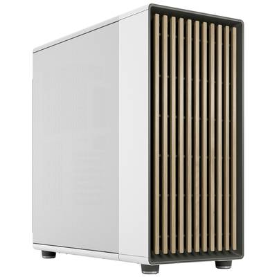 Ein weißes Computergehäuse mit vertikalen Holzlamellen an der Vorderseite steht auf einem Tisch. Es hat ein modernes und minimalistisches Design.