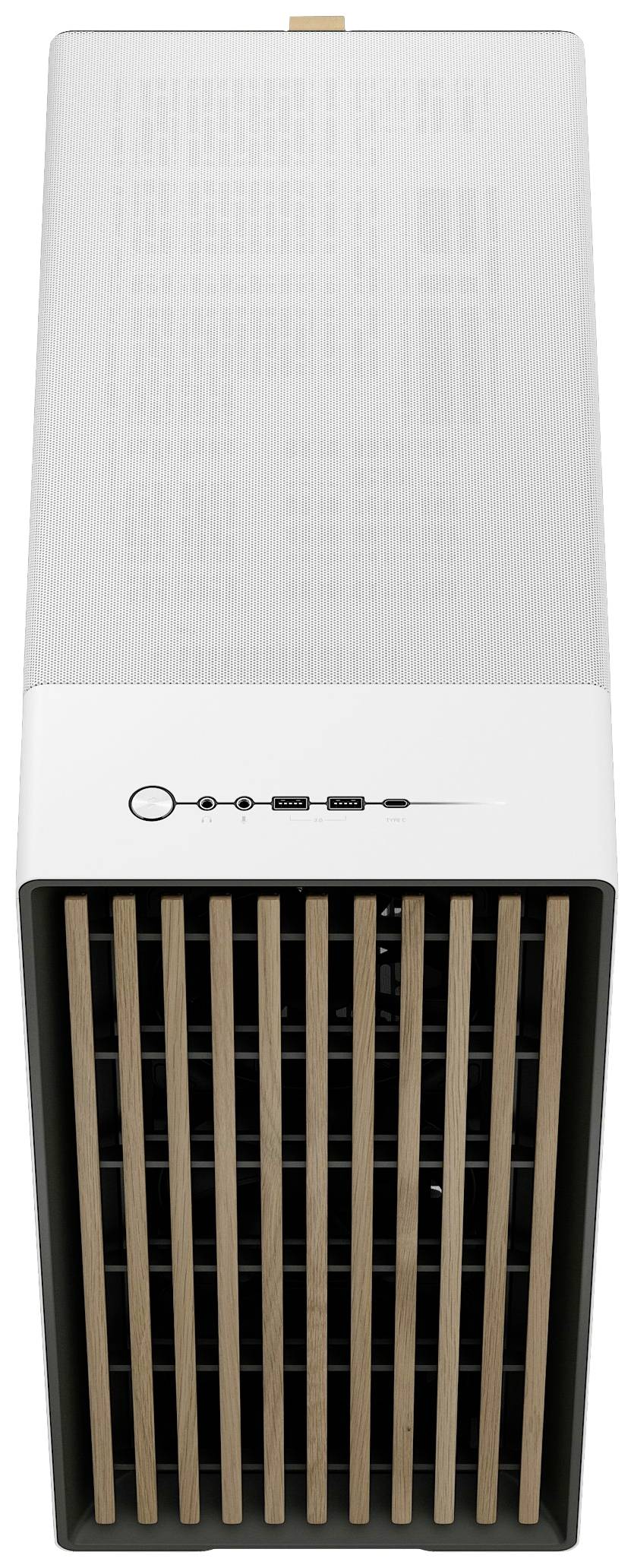 Ein rechteckiger Luftreiniger mit vertikalen Holzlamellen an der Vorderseite und Bedienelementen oben, in Weiß und Schwarz gestaltet.