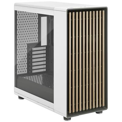 Ein PC-Gehäuse mit weißem Rahmen und Holzgitter-Frontplatte. Sichtfenster an der Seite zeigt das Innere. Minimalistisches Design.