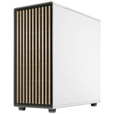 Ein weißer Computergehäuse-Tower mit einer Holz-Frontblende und schwarzem Rahmen, steht auf kleinen Füßen.