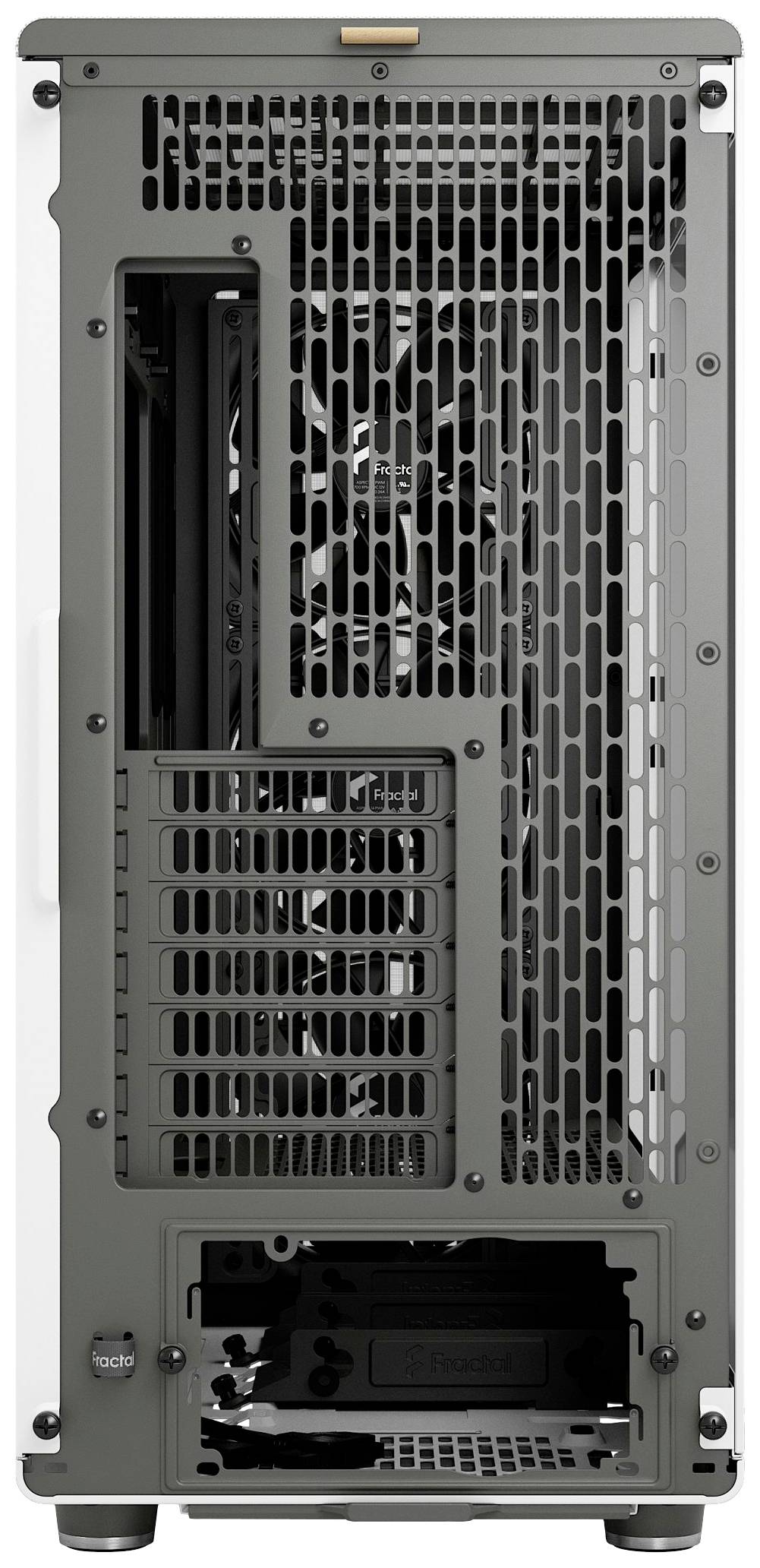 Rückansicht eines Computergehäuses mit Lüftungsgittern und mehreren Erweiterungssteckplätzen. Kabelanschlüsse und Netzteil unten sichtbar.