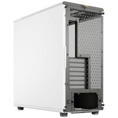 Ein weißes Computergehäuse mit offenem Rückenteil, mehreren Lüftungsschlitzen und Steckplätzen für Computerkomponenten.