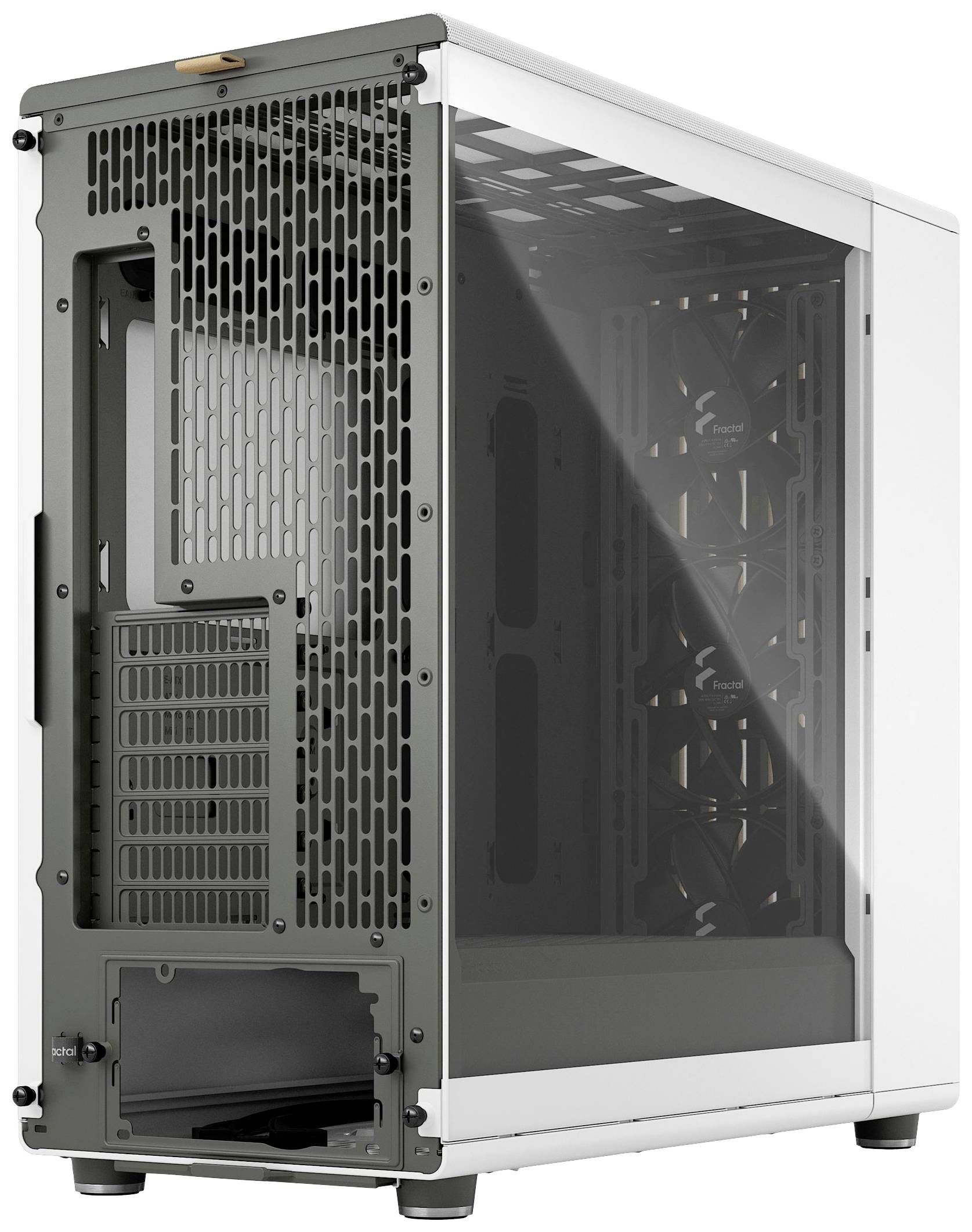 Ein weißes Computergehäuse mit transparentem Seitenteil und offener Rückseite zur Belüftung und Montage von Komponenten.