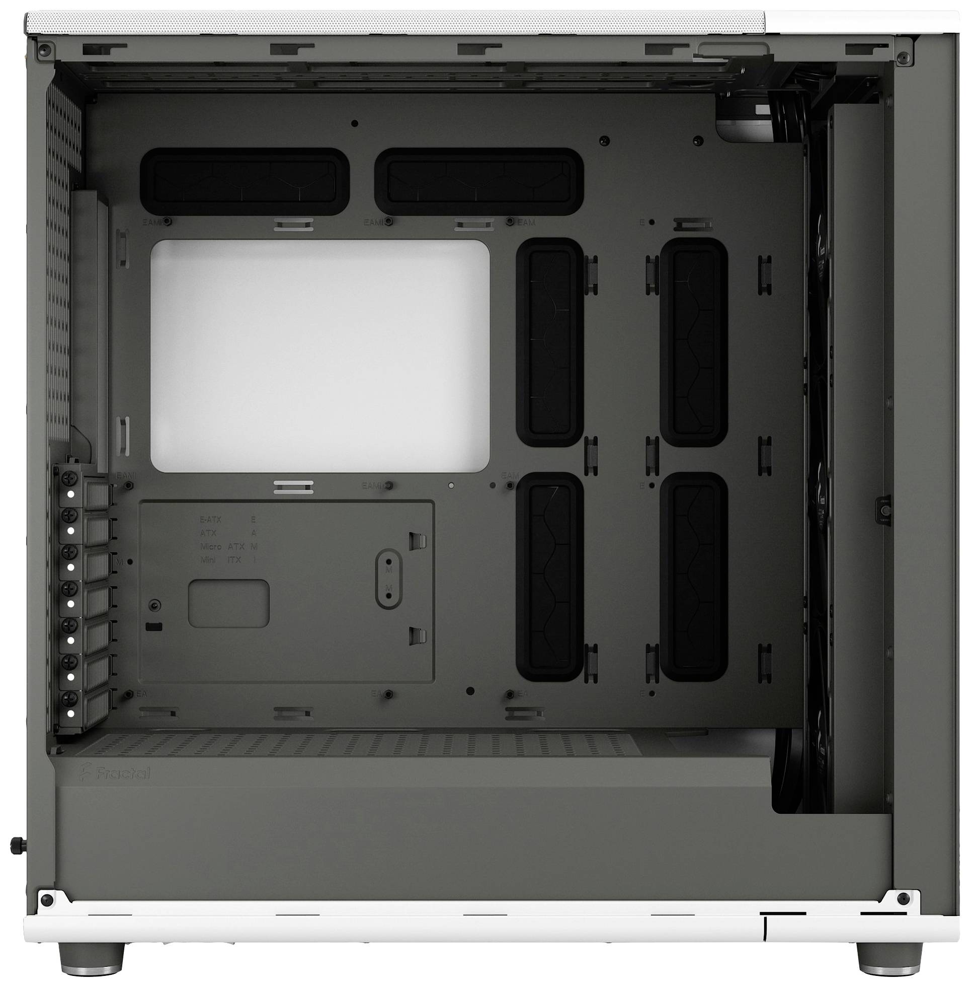 Ein offenes Computergehäuse in grauer Farbe, mit leeren Steckplätzen für Komponenten und zahlreichen Lüfterbefestigungen.