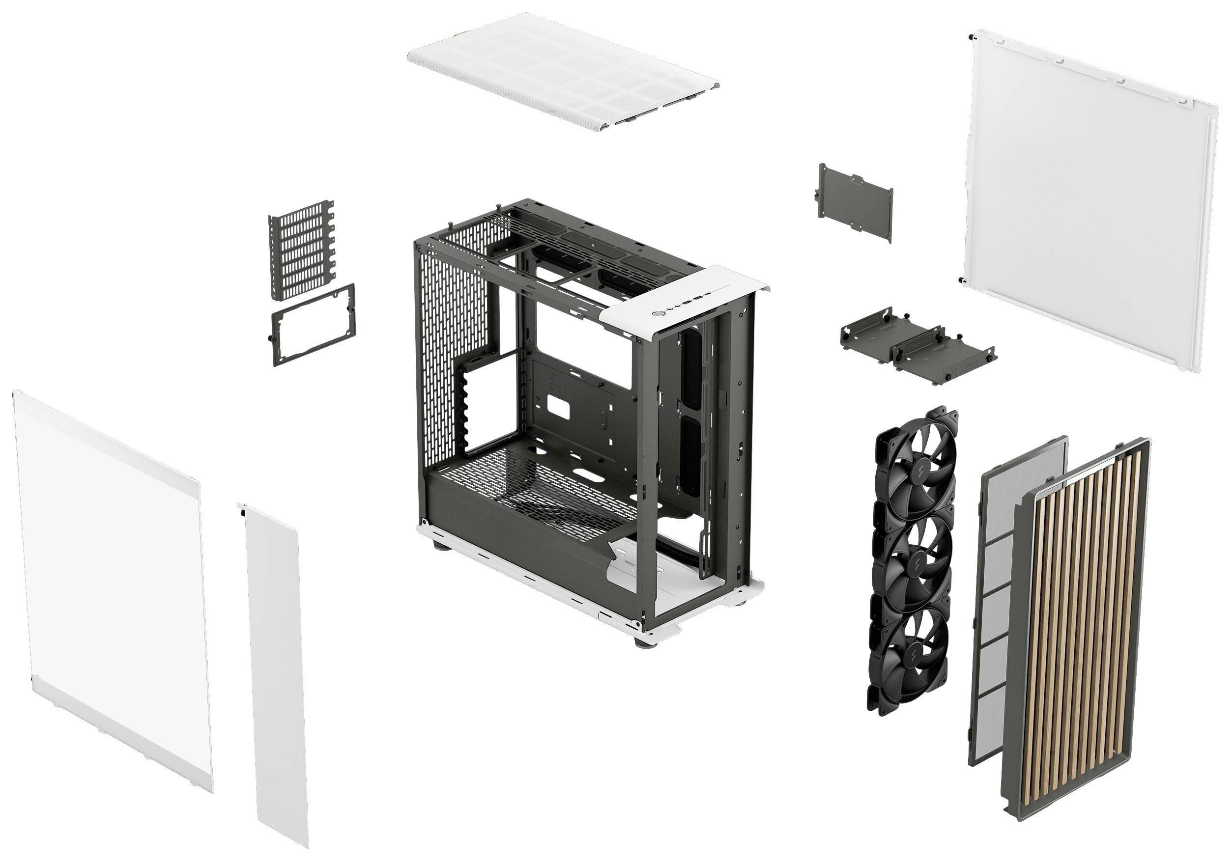 Explodierte Ansicht eines Computergehäuses mit abnehmbaren Seitenteilen, Lüfter, Rahmen und anderen Komponenten, die um das Gehäuse schweben.