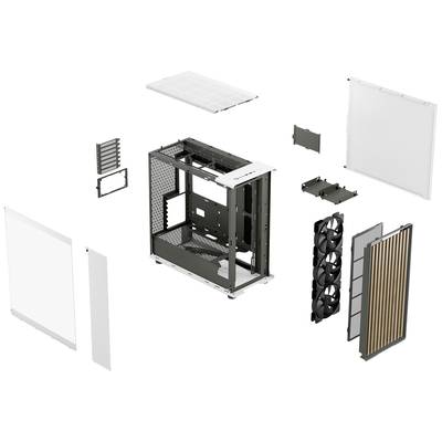 Explodierte Ansicht eines Computergehäuses mit abnehmbaren Seitenteilen, Lüfter, Rahmen und anderen Komponenten, die um das Gehäuse schweben.