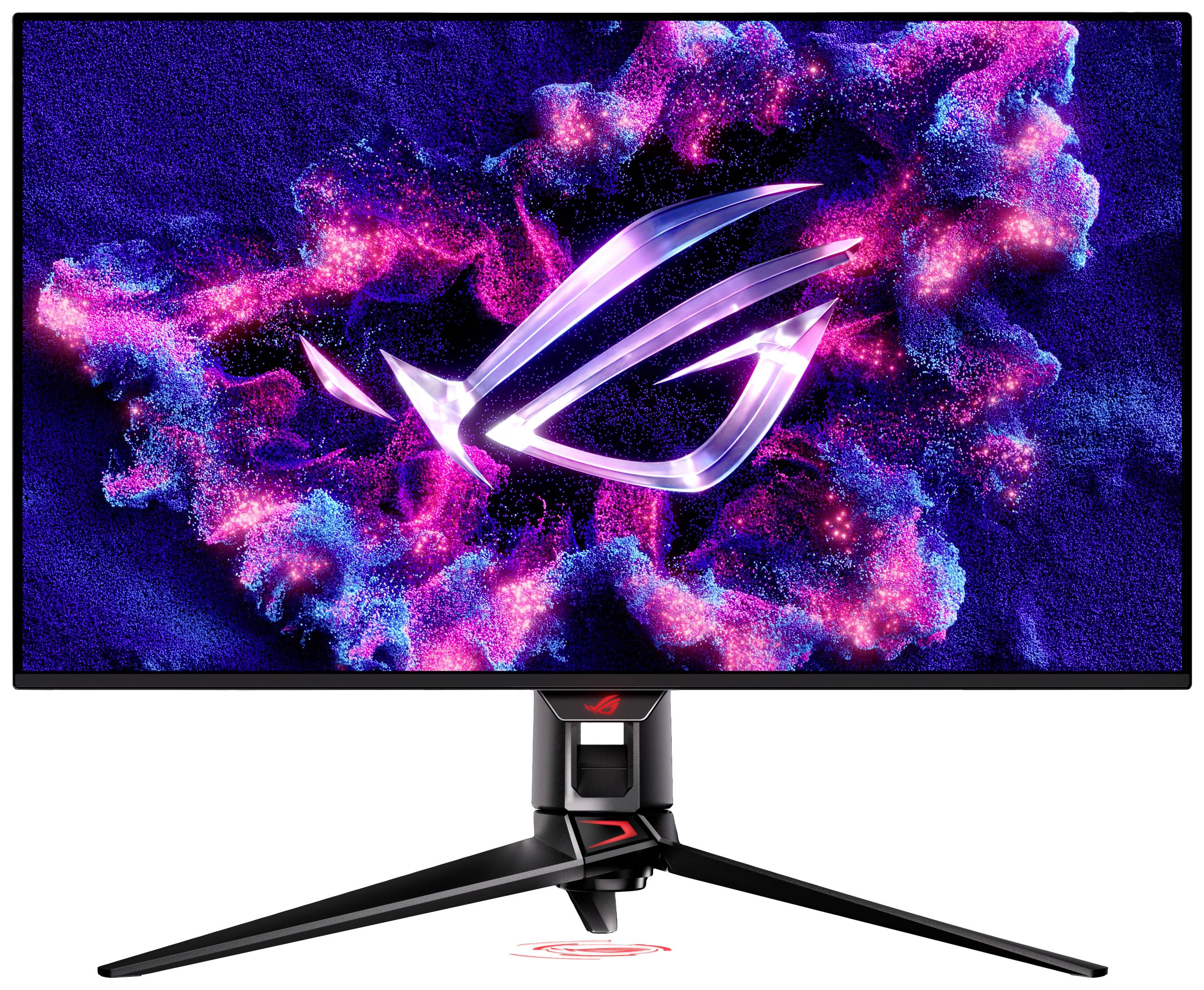 Ein Gaming-Monitor mit einem leuchtenden, futuristischen Logo auf dem Bildschirm, umgeben von pink-blauen Lichteffekten.