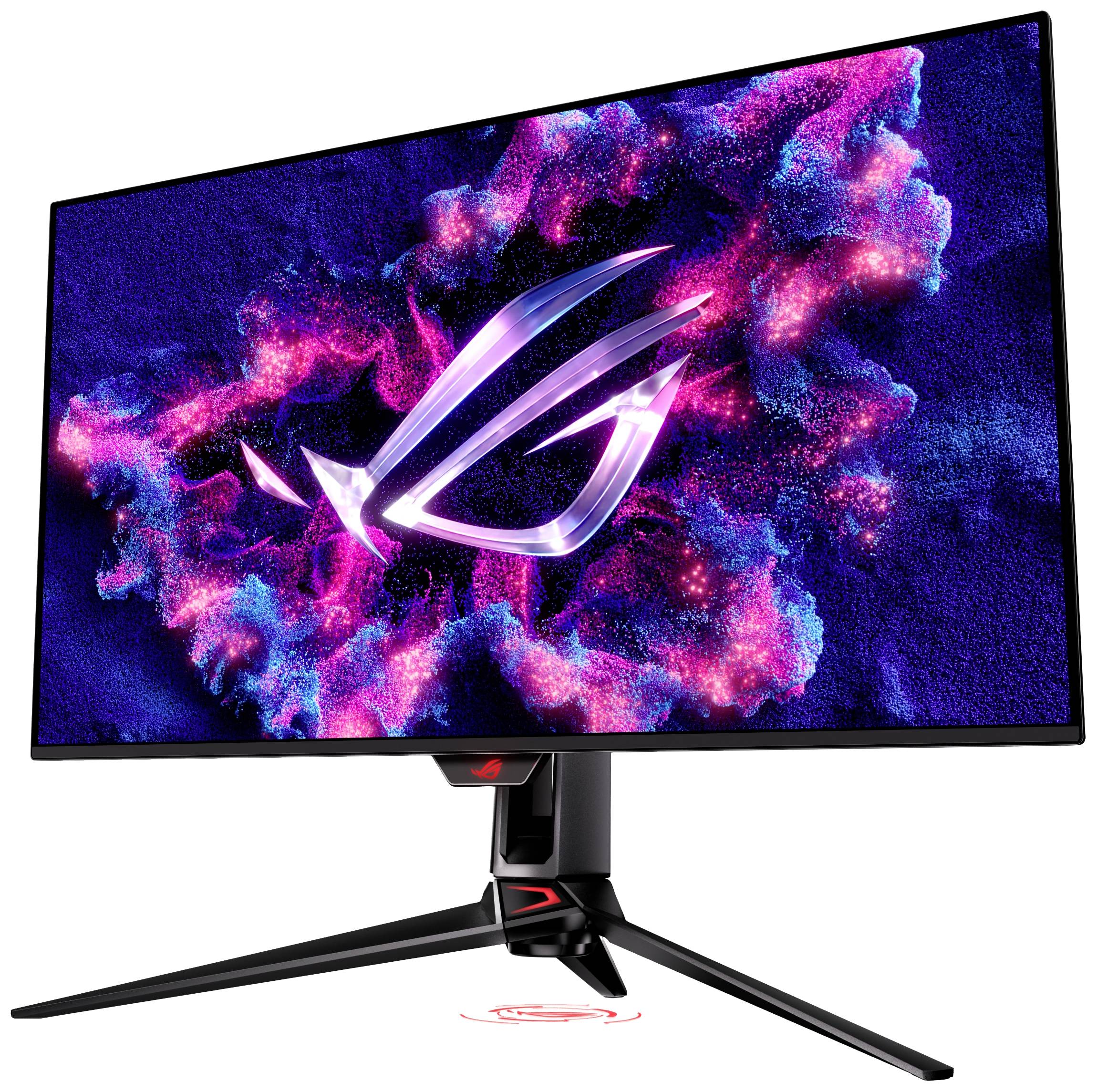 Ein Gaming-Monitor mit futuristischem Logo auf dem Bildschirm, das lebhafte Rosa- und Blautöne zeigt.