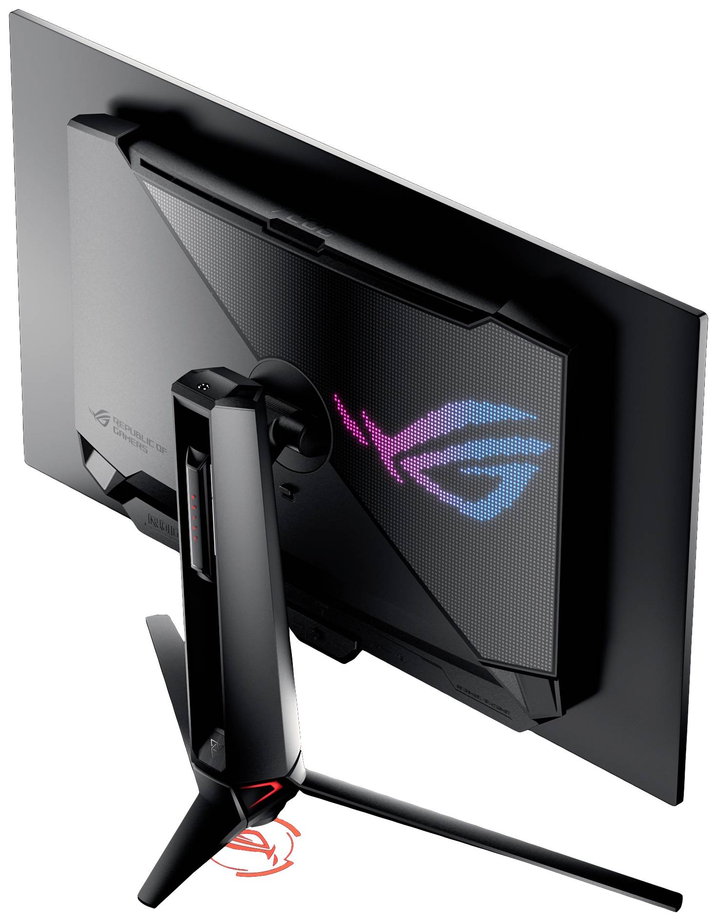 Rückansicht eines Gaming-Monitors mit beleuchtetem Logo auf der Rückseite und einem modernen, schlanken Ständer.