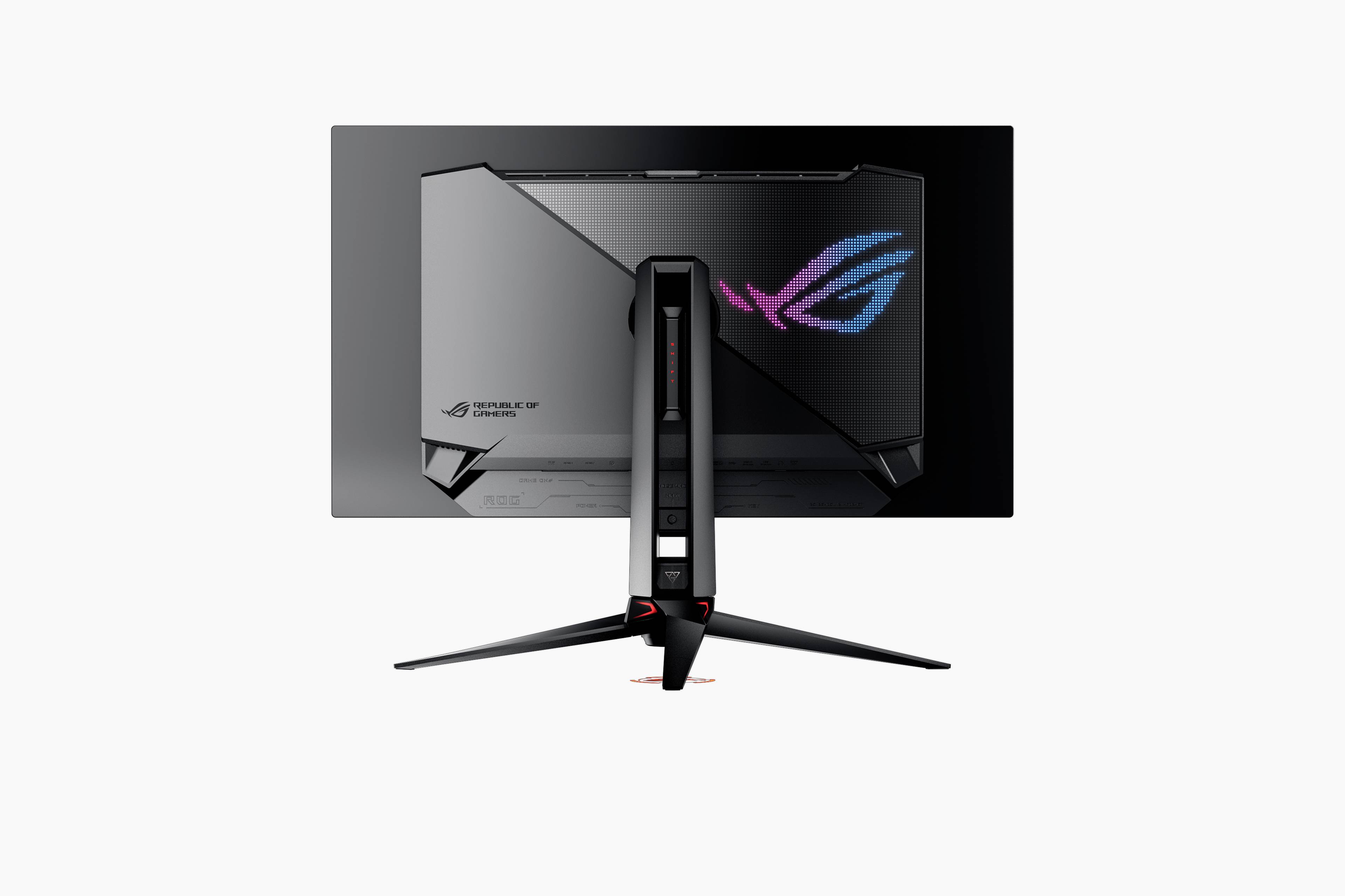 Gaming-Monitor von hinten mit auffälligem Logo und schlankem, futuristischem Design. Schwarze Farbe, schmale Ständerbasis.