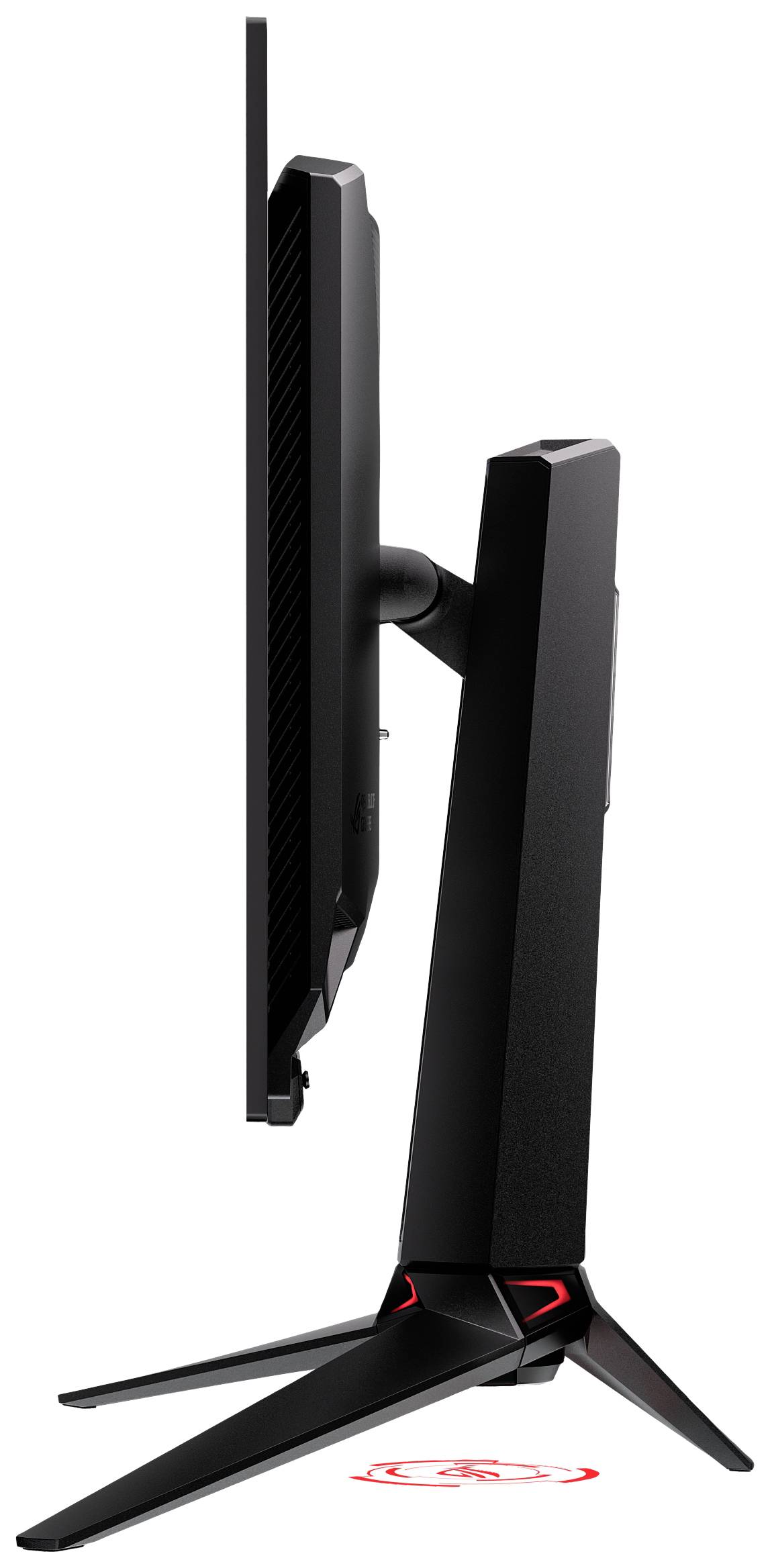 Ein schwarzer Computerbildschirm steht aufrecht, seitlich gesehen. Das Design ist schlank mit einem stabilen, modernen Standfuß.