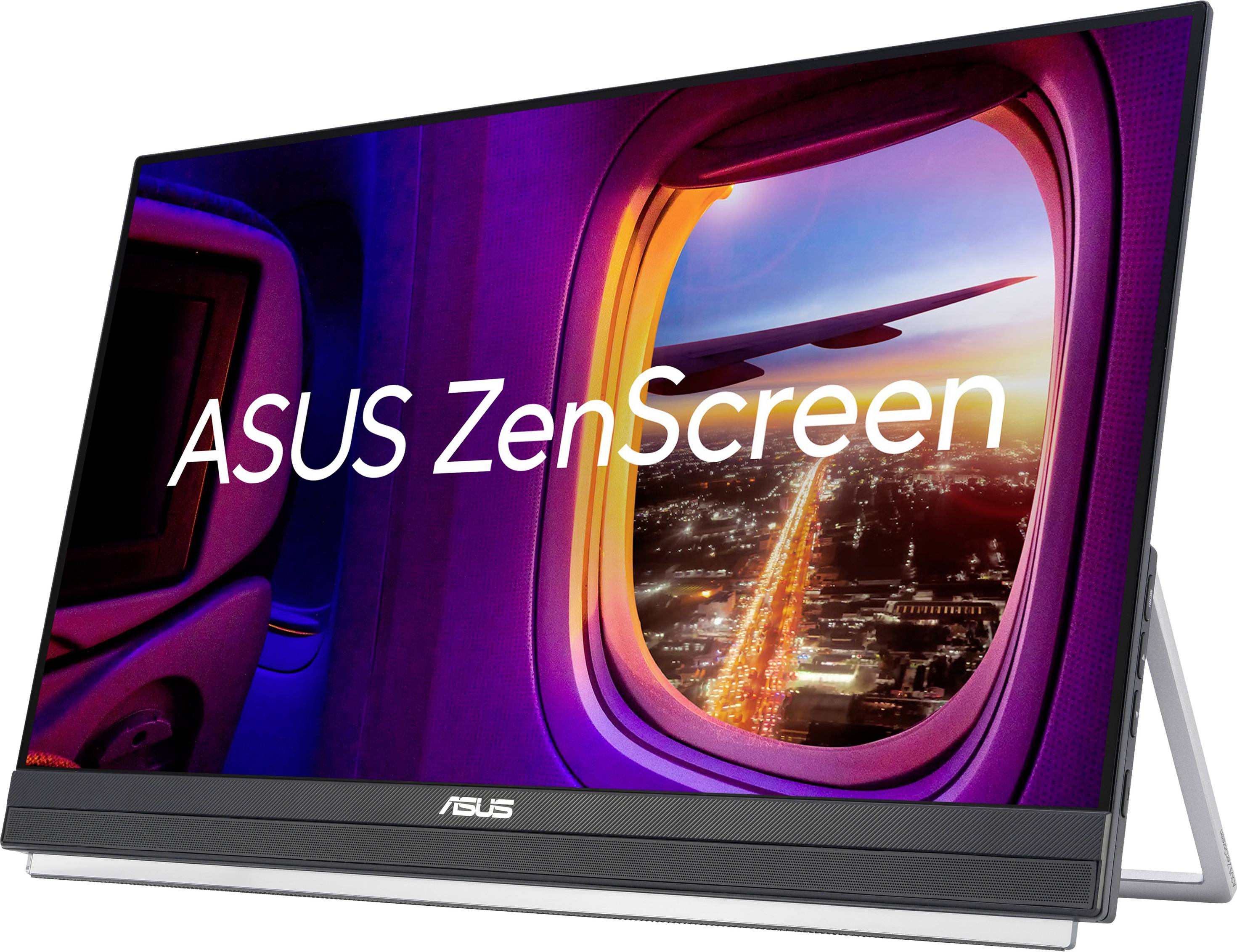 Ein ASUS ZenScreen zeigt aus einem Flugzeugfenster die nächtliche Ansicht einer beleuchteten Stadt.