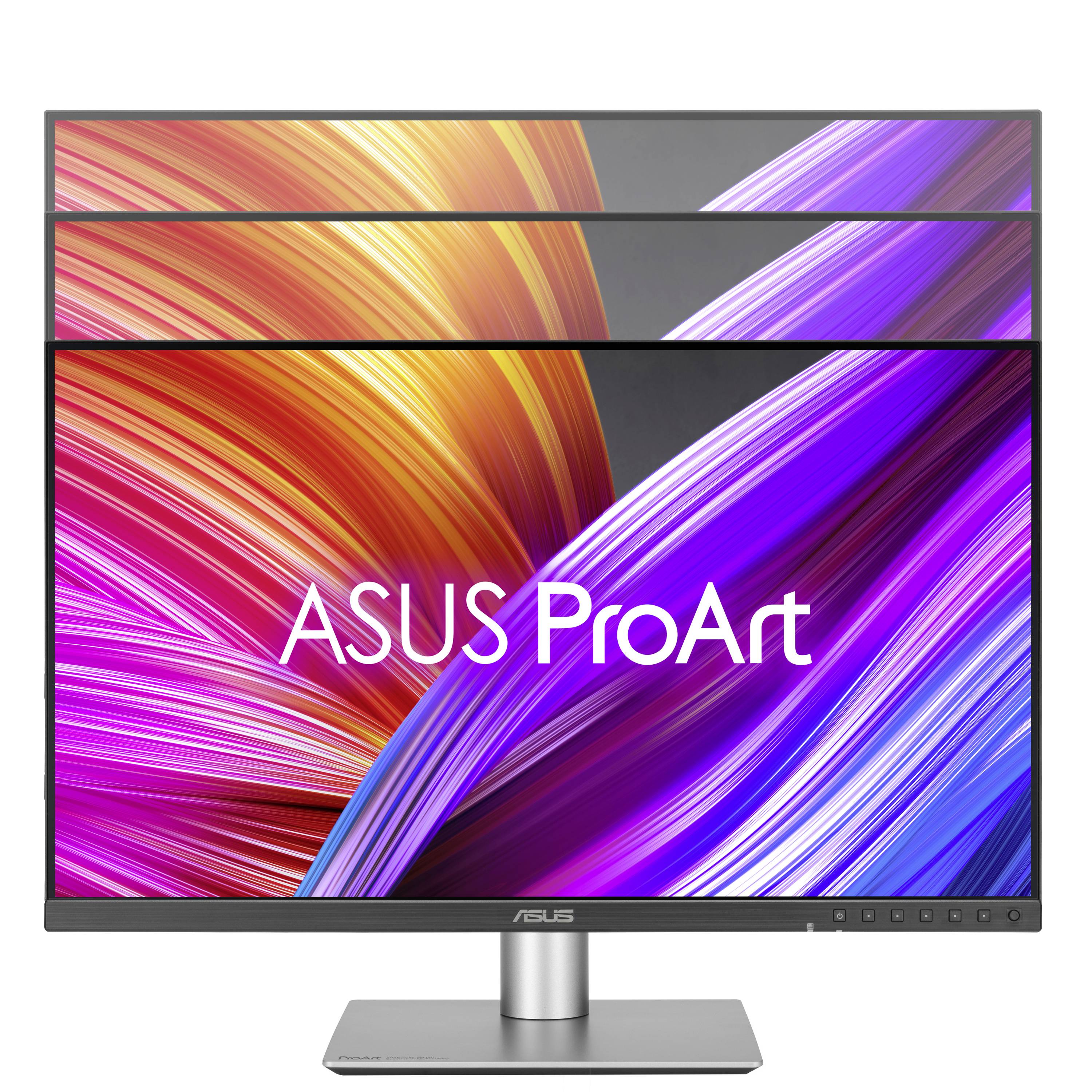 ASUS ProArt Monitor. Zeigt ein modernes Display mit bunten Streifen in Orange und Lila.