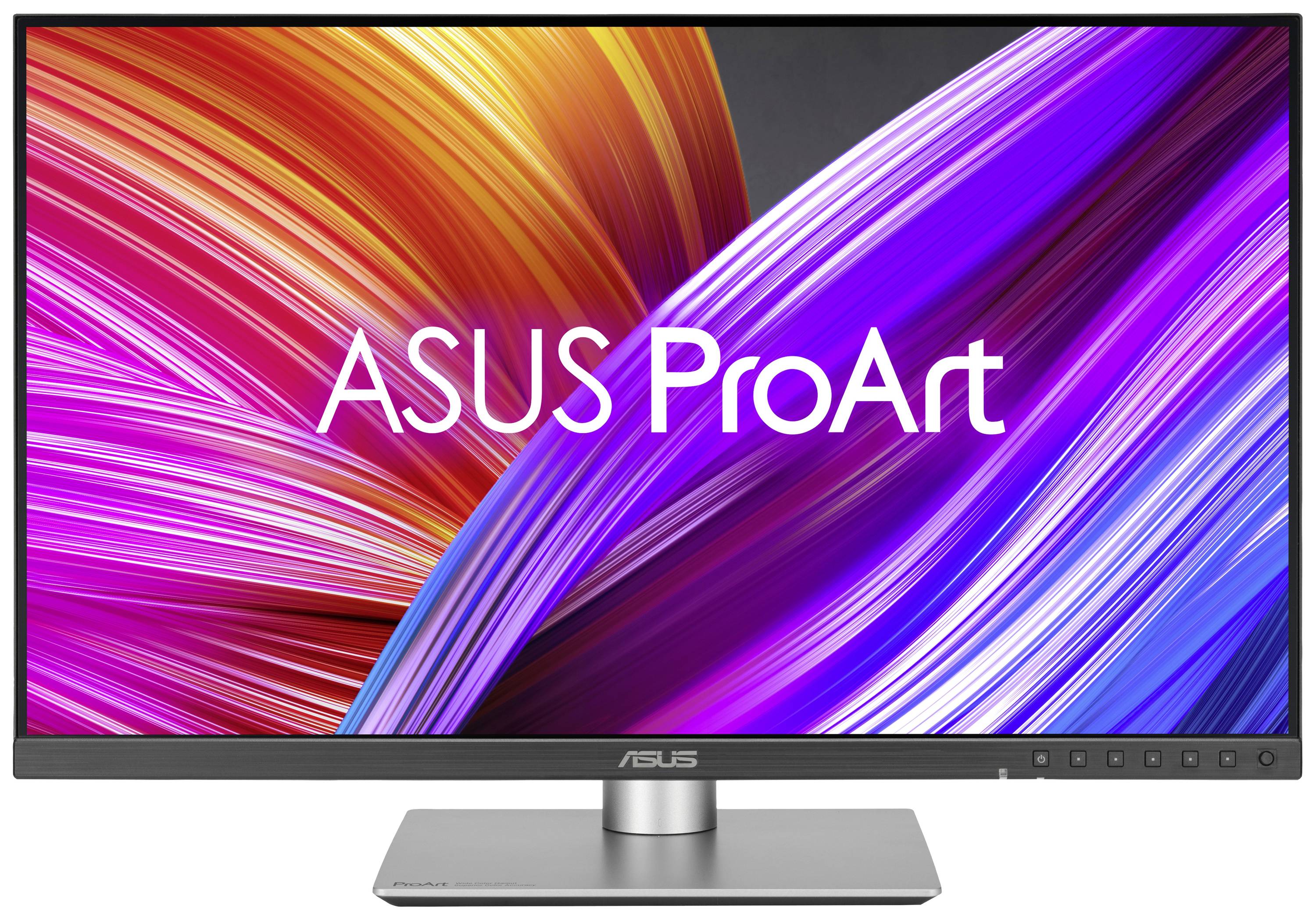 Ein ASUS ProArt Monitor zeigt ein farbenfrohes abstraktes Design auf dem Bildschirm mit violetten und orangefarbenen geschwungenen Linien.