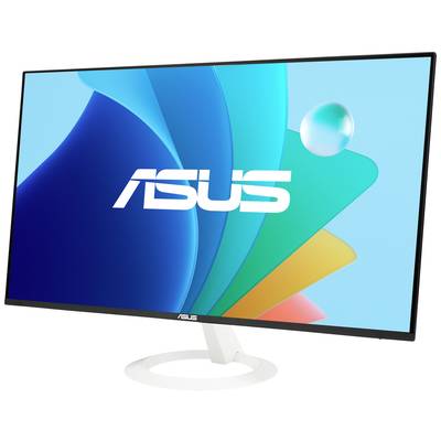 Ein ASUS-Monitor mit einem großen Display, das das ASUS-Logo zeigt. Der Hintergrund ist abstrakt und bunt gestaltet.