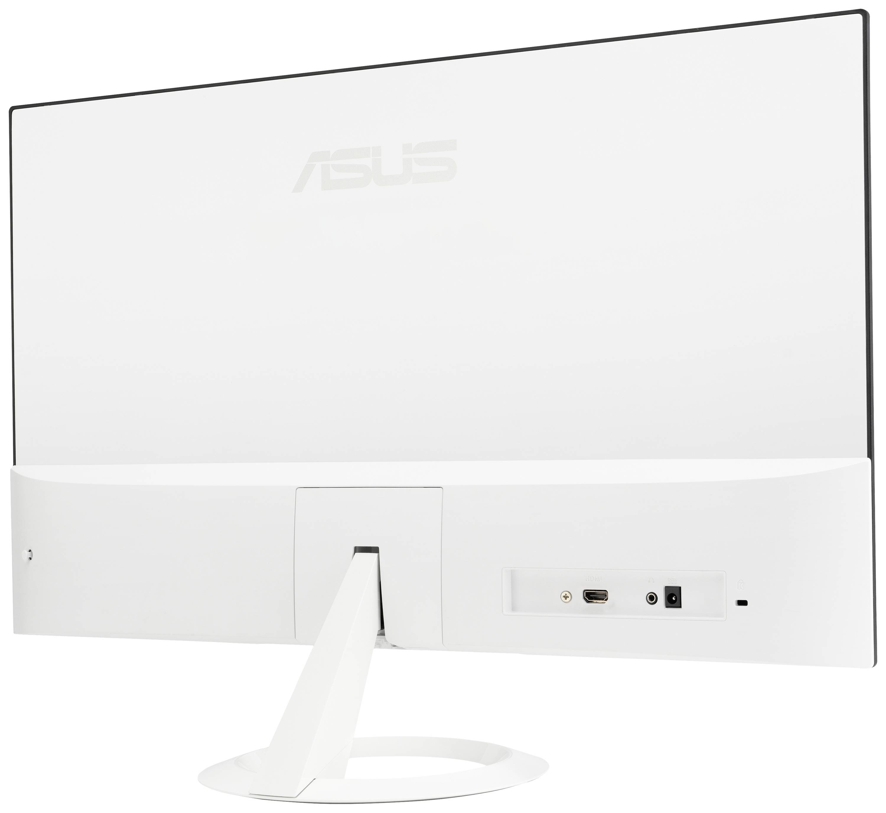 Rückansicht eines weißen Computerbildschirms mit sichtbaren Anschlüssen. Das Asus-Logo befindet sich oben mittig.