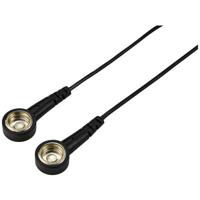 Zwei schwarze Kabel mit runden, metallischen Anschlüssen an den Enden. Anschlusskabel für elektronische Geräte.