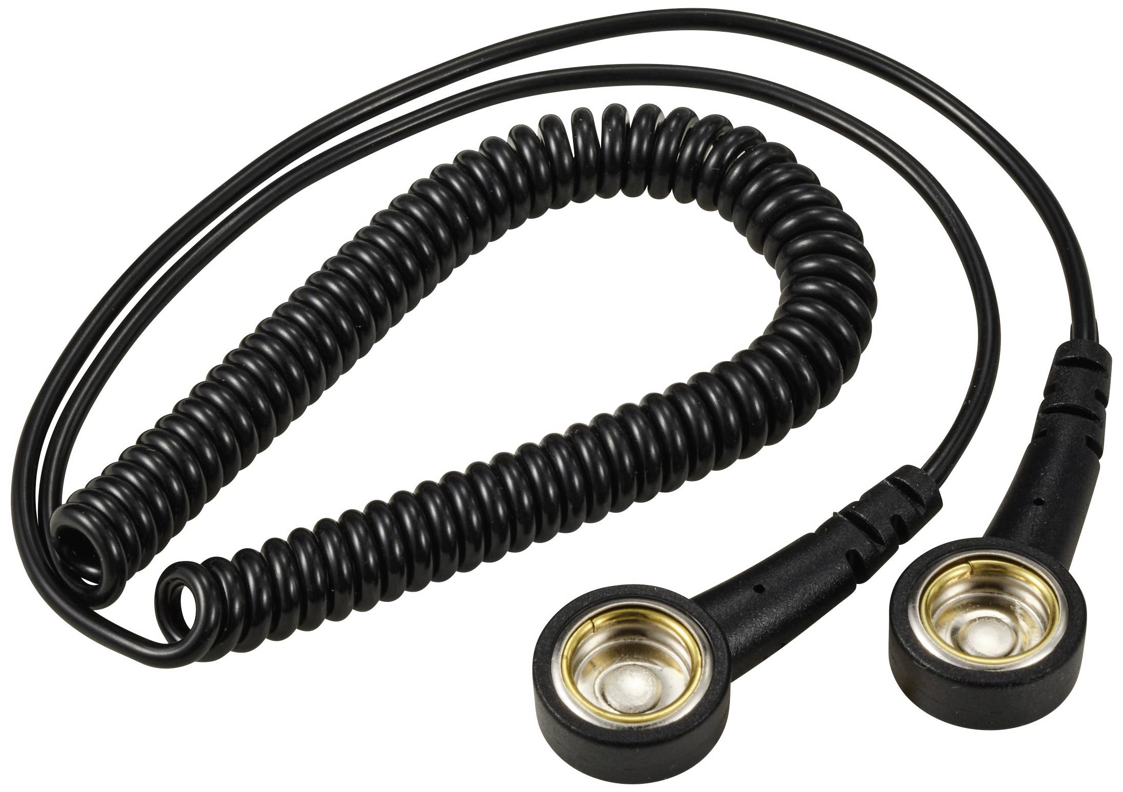 Ein schwarzes, spiralförmiges Verbindungskabel mit zwei runden Steckern an den Enden, möglicherweise für elektronische Geräte.