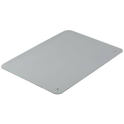 Metallplatte mit abgerundeten Ecken und zwei kleinen Schraubenlöchern an den gegenüberliegenden Ecken, auf hellem Hintergrund.