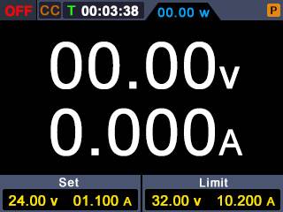 'Spannung: 00.00V, Strom: 0.000A. Set: 24.00V, 01.100A. Limit: 32.00V, 10.200A. Zeit: 00:03:38. Status: OFF, CC, P.'