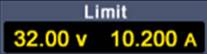 'Limit 32.00 V 10.200 A' gezeigt auf einem Bildschirm mit grauem Hintergrund und gelber Schrift.