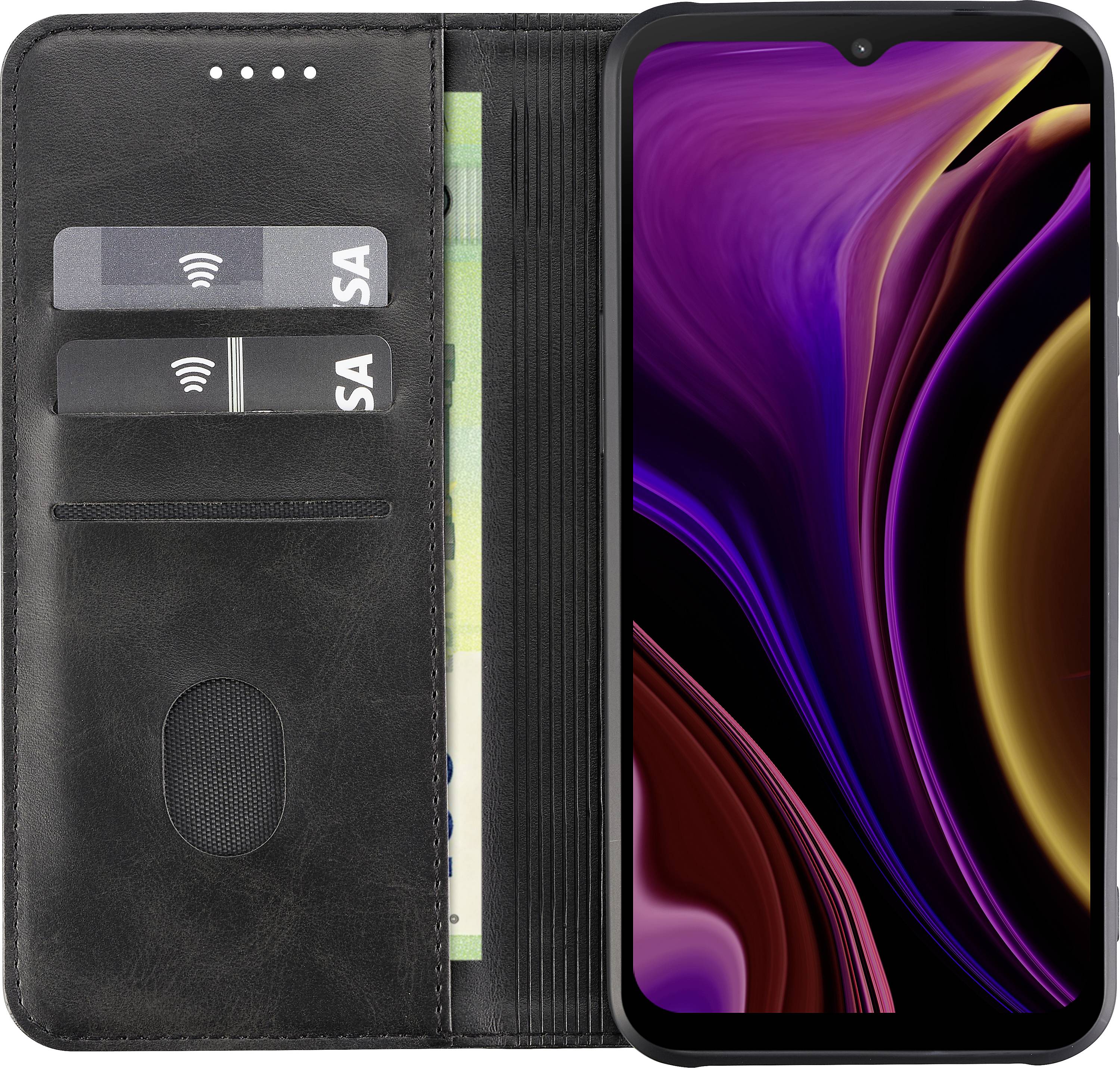 'Ein Smartphone mit bunter Bildschirmanzeige liegt in einer schwarzen Hülle mit zwei Kartenfächern und einem Geldscheinfach.'