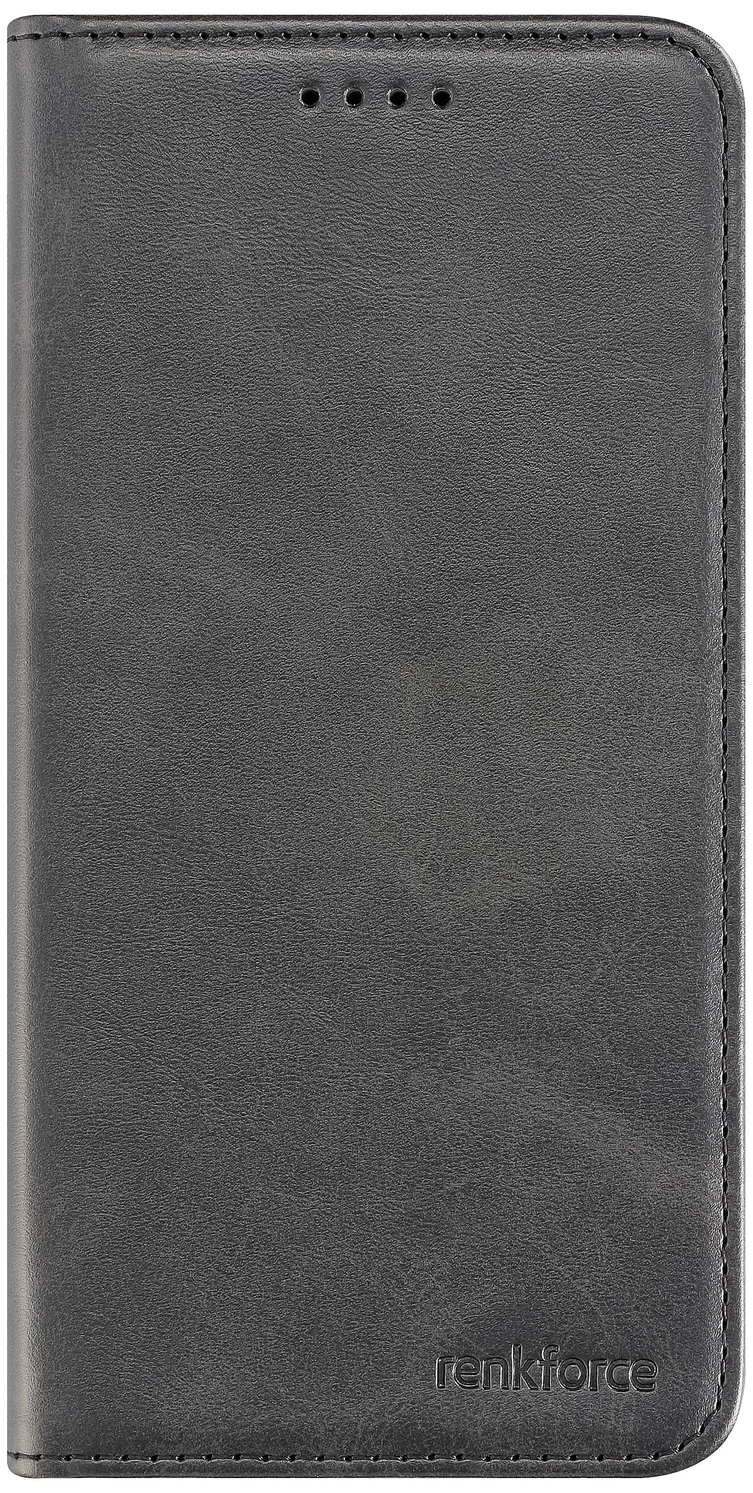 Schwarze Smartphone-Hülle aus Lederimitat mit geschlossenem Design. An der unteren rechten Ecke befindet sich der Schriftzug 'renkforce'.
