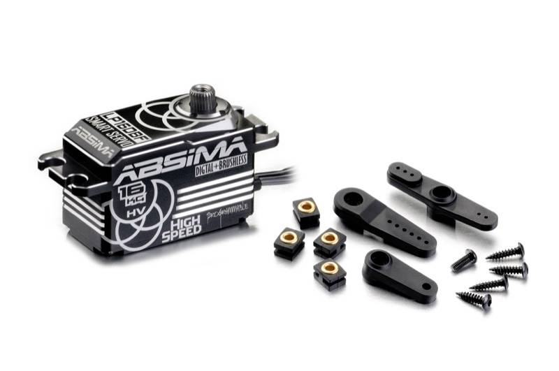 Ein Servo mit 'Absima' Beschriftung und Zubehörteilen wie Hebeln und Schrauben, geeignet für präzise und schnelle Bewegungssteuerung.