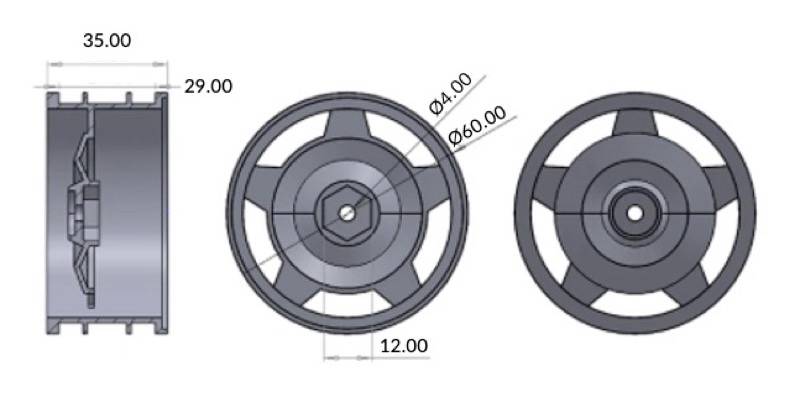 Technische Zeichnung eines Rades mit Maßen: Durchmesser 60 mm, Bohrungsdurchmesser 4 mm, Breite 35 mm, Abstand 12 mm und 29 mm.