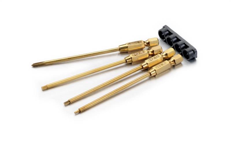 Ein Satz goldfarbener, sechskantiger Schraubendreherbits mit unterschiedlichen Spitzen neben einem schwarzen Bit-Halter.