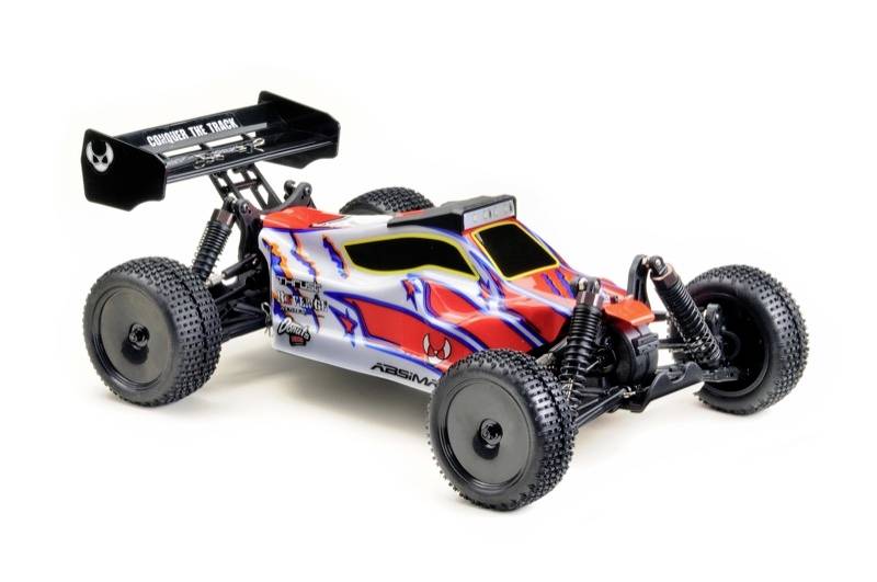 RC-Auto mit farbenfrohem Design, großem Heckspoiler und robusten Offroad-Reifen, ideal für Geländefahrten.