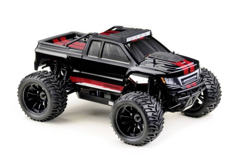 Ein ferngesteuertes Auto in Schwarz mit roten Streifen auf großen, grobstolligen Reifen, ideal für Offroad-Abenteuer.
