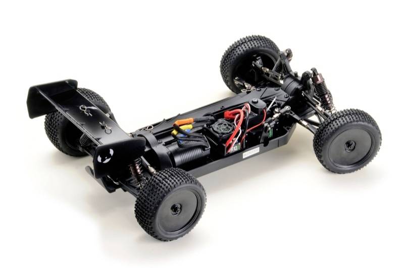Ferngesteuertes Auto-Chassis ohne Karosserie, mit sichtbar eingebauter Elektronik und Reifen.