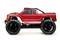 Roter Spielzeug-Monstertruck mit großen schwarzen Rädern, seitlicher Blick. Geeignet für Kinder oder Sammler.