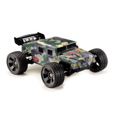 Kleines ferngesteuertes Spielzeugauto in Camouflage-Optik auf weißem Hintergrund.