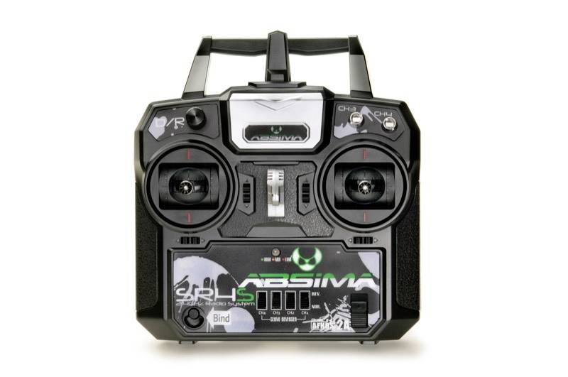 Fernsteuerung mit zwei Joysticks und mehreren Tasten, schwarz mit grünen Akzenten und 'Absima' Logo, vor weißem Hintergrund.