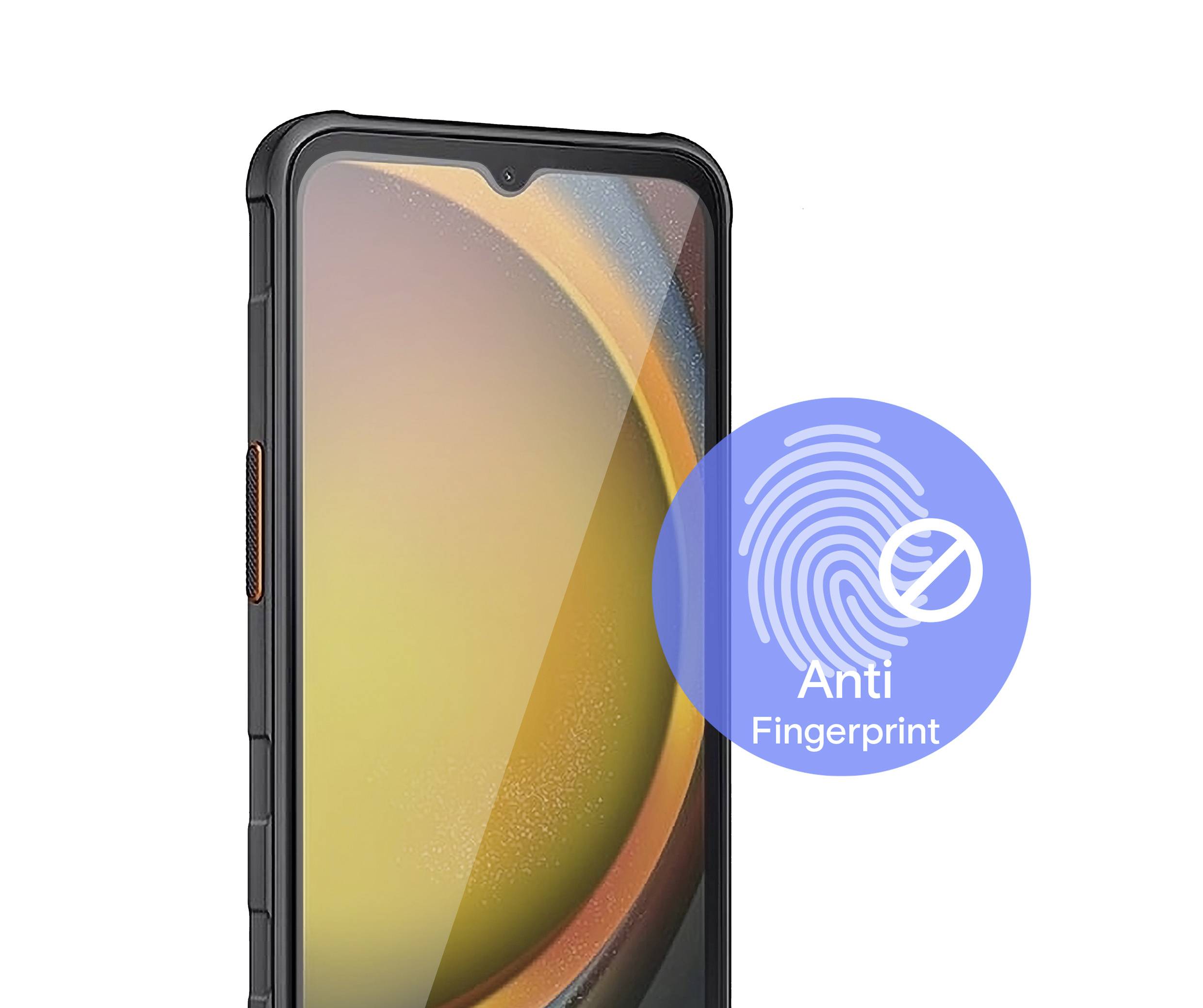 Ein Smartphone mit einem dicken Rahmen wird gezeigt. Ein Symbol weist auf eine 'Anti-Fingerprint'-Beschichtung des Bildschirms hin.