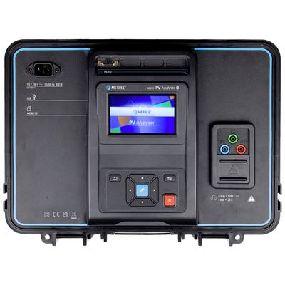 Ein tragbares PV-Analysegerät mit Display, Knöpfen und Anschlüssen zur Prüfung von Photovoltaikanlagen. Bildschirm zeigt 'PV Analyser'.