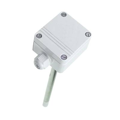 Ein rechteckiger elektronischer Sensor mit einer länglichen Sonde an der Unterseite. Ideal zur Temperaturmessung geeignet.