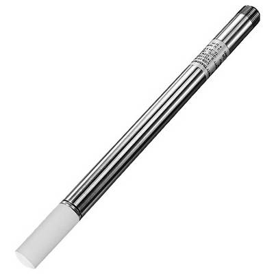 Eine metallische zylindrische Sonde mit einer weißen Kappe und einem beschrifteten Gehäuse, möglicherweise ein Instrument zur Messung oder Prüfung.