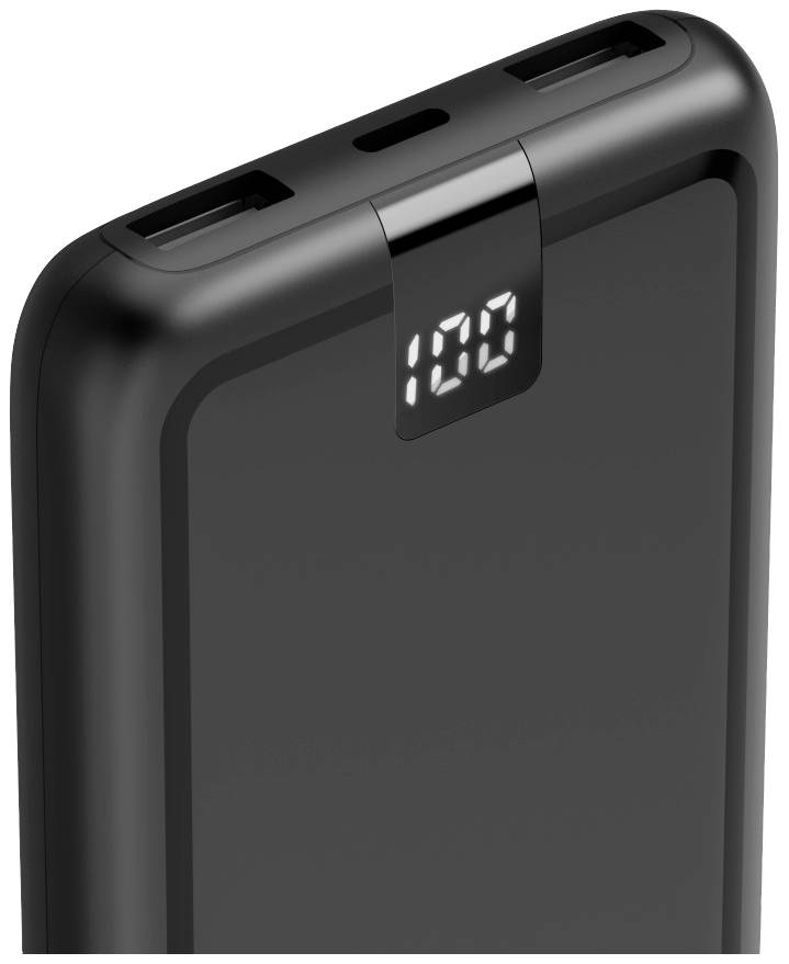 Schwarze Powerbank mit zwei USB-Anschlüssen und einer digitalen Anzeige zeigt '100' an.