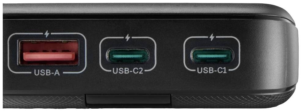 Ein Gerät mit drei USB-Anschlüssen: ein USB-A-Anschluss links und zwei USB-C-Anschlüsse rechts, jeweils mit Blitzsymbol gekennzeichnet.