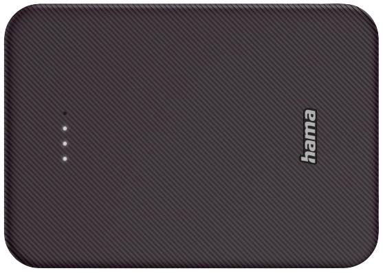 Tragbare Powerbank mit drei leuchtenden LED-Anzeigen auf der Oberseite, die den Ladezustand anzeigen. Marke 'hama' rechts.