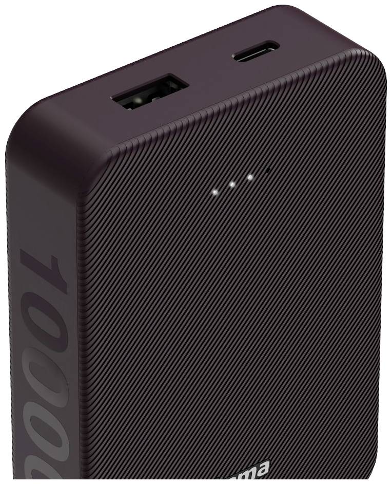 Eine schwarze Powerbank mit 10.000 mAh Kapazität, USB- und USB-C-Anschlüssen sowie vier LED-Anzeigen für den Ladestatus.
