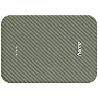 Eine grüne, tragbare Powerbank mit Textur und vier Ladeanzeigen auf der Oberfläche. Das Logo 'hama' ist sichtbar.