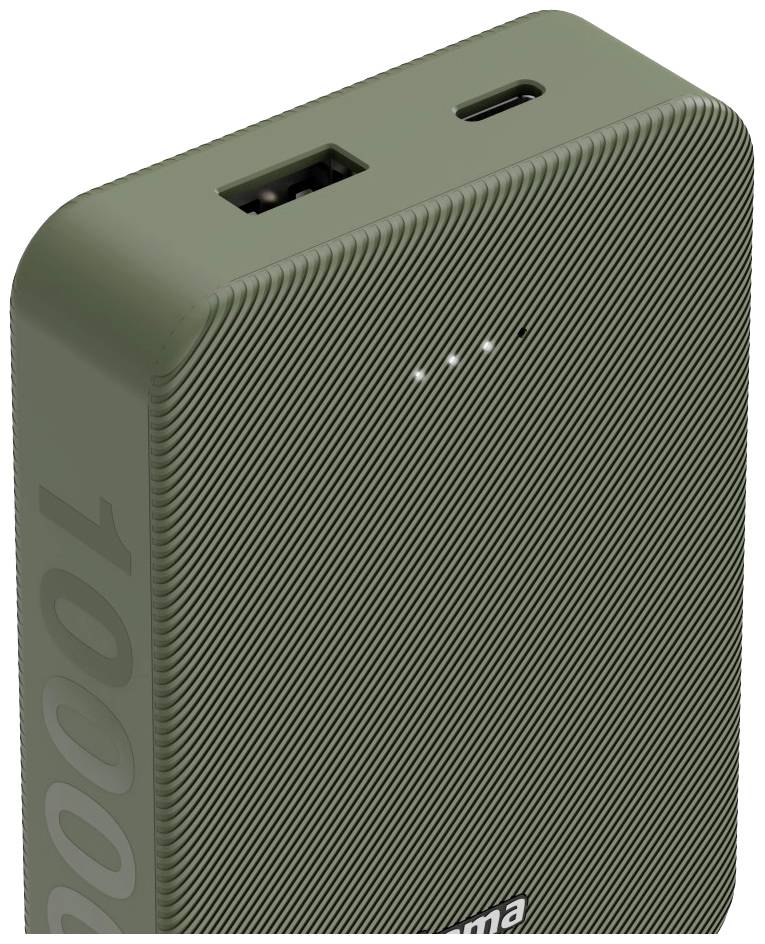 Grüne Powerbank mit USB-Anschluss und Kapazitätsanzeige auf der Oberseite, 10000 mAh Aufschrift seitlich erkennbar.