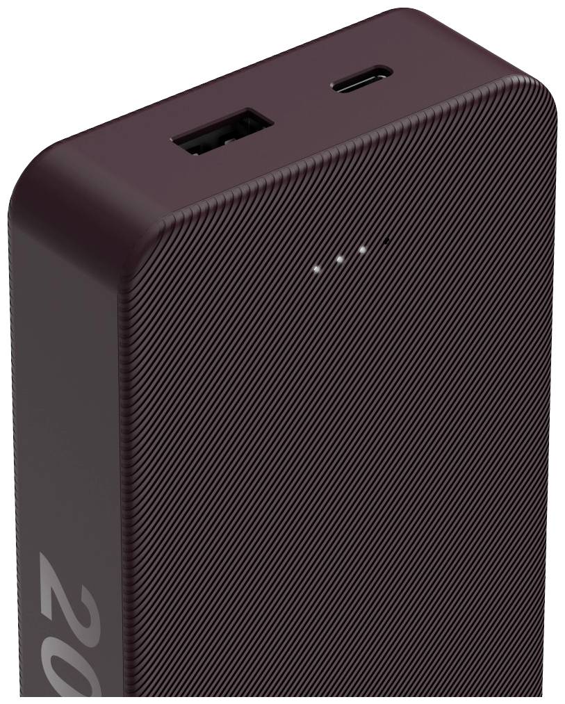 Eine dunkelrote Powerbank mit einem USB-A- und einem USB-C-Anschluss an der Oberseite sowie vier LED-Ladeanzeigen.