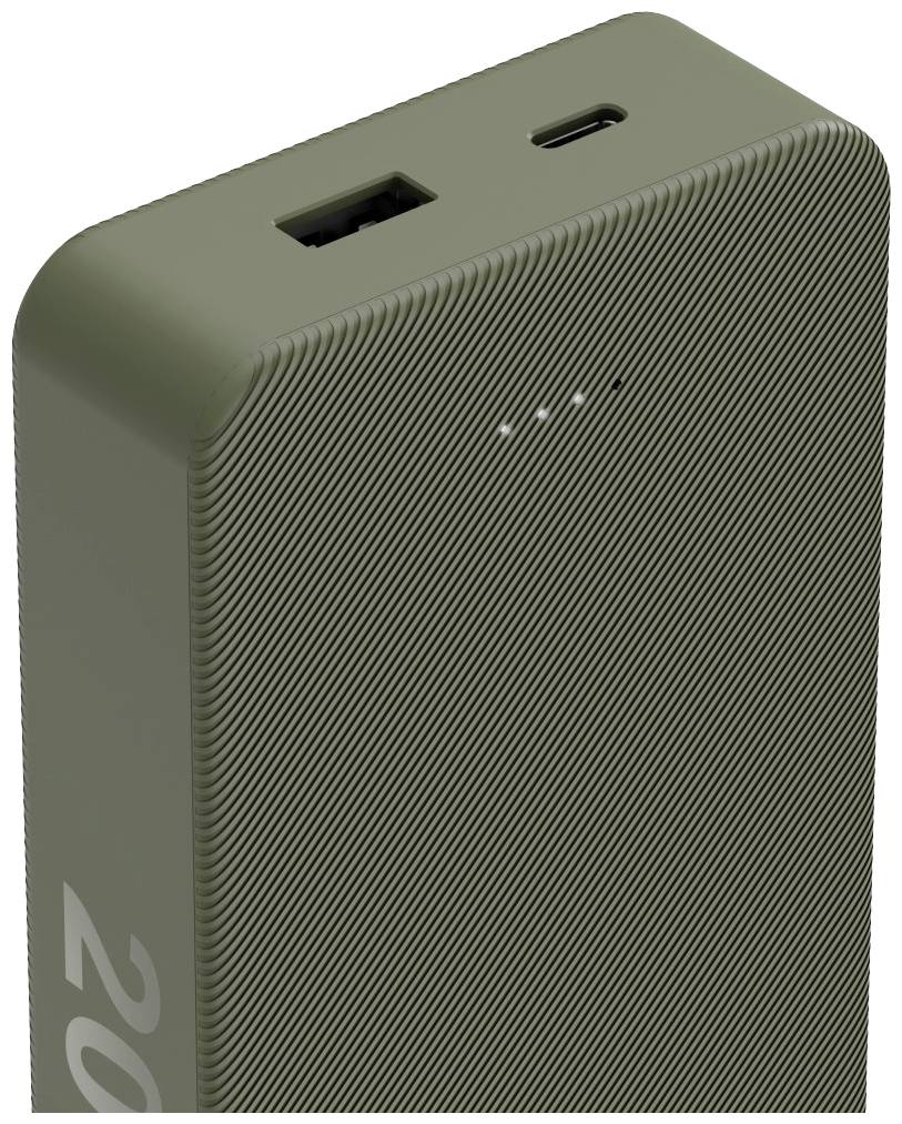 Eine grüne tragbare Powerbank mit USB-Ausgang und -Eingang. Oben sind vier LEDs zur Anzeige des Ladezustands.